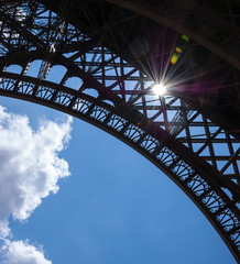Fototapeta na wymiar Sun shining through Eiffel Tower. Colorful beams and spots. Paris (France)
