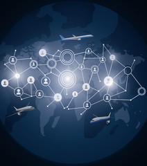 Social network concept. Mixed media plane flight on the map. Rest, fly by plane across countries.