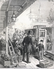 People boarding a train at a station. Date: 1864