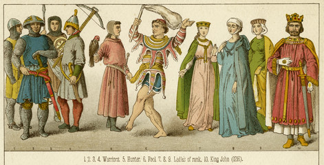 King John with warriors  hunter and the fool. Date: 1200 - obrazy, fototapety, plakaty