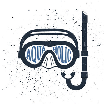 Hand drawn snorkeling mask textured vector illustration and "Aquaholic" lettering.