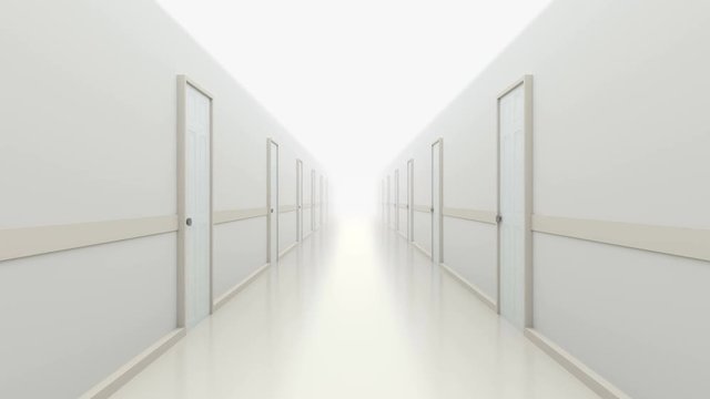 Movement through bright endless corridor.
Loop ready animation between white and closed door.