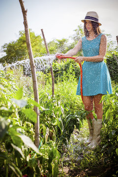 Young woman watering vegetable garden
