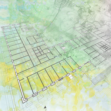 Architectural abstract plan. Blurred watercolor green-yellow background.