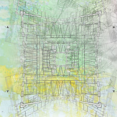 Architectural abstract plan. Blurred watercolor green-yellow background.