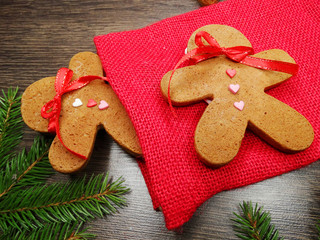 christmas cookies gingerbread and decoration on wooden background