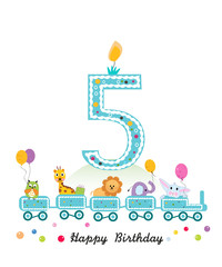 Happy fifth birthday greeting card. Birthday train with animals