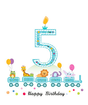 Happy fifth birthday greeting card. Birthday train with animals