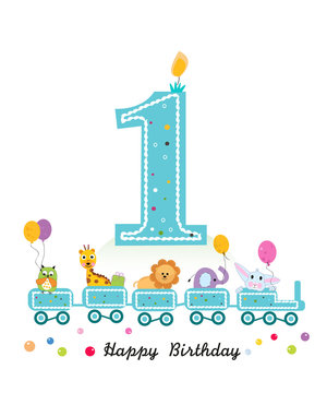 Happy first birthday greeting card. Birthday train with animals