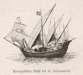 Portuguese caravel     . Date: 15th century - obrazy, fototapety, plakaty