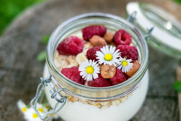 Full jar of muesli, yogurt, raspberries, nuts on a wood in a garden. Homemade breakfast cereals food. Healthy eating. 