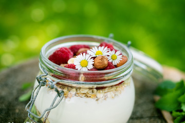Full jar of muesli, yogurt, raspberries, nuts on a wood in a garden. Homemade breakfast cereals food. Healthy eating. 
