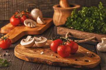 Vegetables, herbs, spices background. Selective focus.