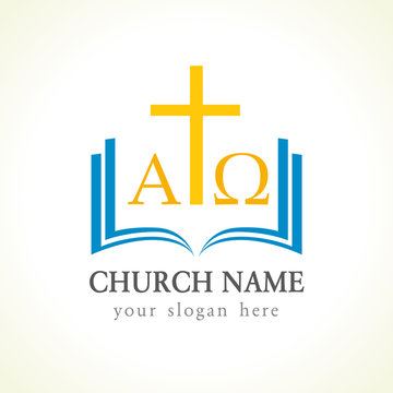 Christian church vector logo. Gold crucifixion, open blue book, cover, pages, alpha and omega greek letters. Religious educational symbol template. Bible studying, learning, teaching class.