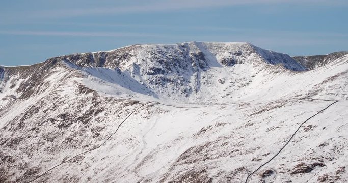 Winter views of snow covered mountains in the Eastern Fells of the English Lake District. Summits of Nethermost Pike, Helvellyn, Catstye Cam with mountain ridges of Striding Edge and Swirral Edge.