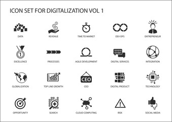 Digitalization icon vector set for topics like agile development, dev ops, globalization, opportunity, cloud computing, search, entrepreneur, integration, digital services