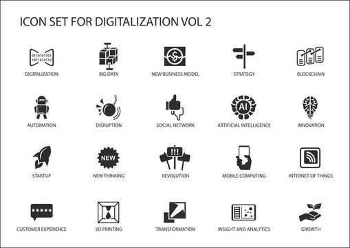 Digitalization icon vector set for topics like big data, business models, 3D printing, disruption, artificial intelligence, internet of things