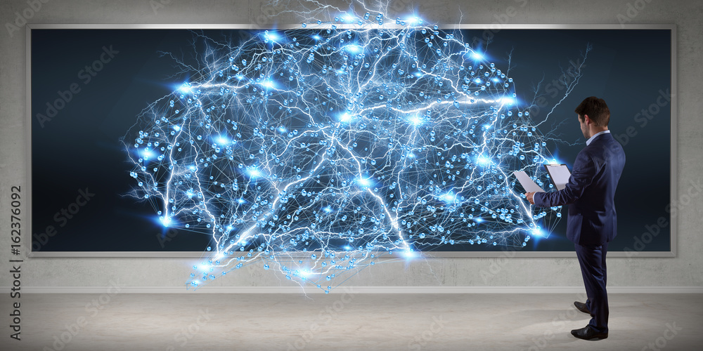 Poster Businessman using digital brain interface on a board 3D rendering