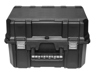 Closed black plastic tool box, isolated on white background.