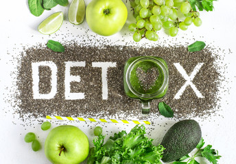 Word detox is made from chia seeds. Green smoothies and ingredients. Concept of diet, cleansing the body, healthy eating