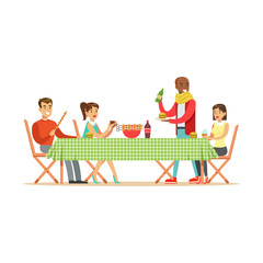 Happy friends enjoying barbeque, cheerful people characters at a picnic vector Illustration