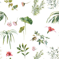 Watercolor painting of leaf and flowers, seamless pattern on white background