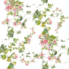 Watercolor painting of leaf and flowers, seamless pattern on white background