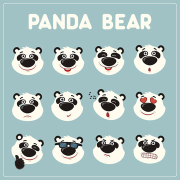 Emoticons set cartoon panda bear face. Collection isolated funny panda bear different emotion.