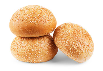 Burger bun with sesame seeds isolated on white background with clipping path