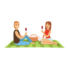 Obraz premium Young couple having picnic, man and woman characters in love sitting on a picnic plaid and drinking wine vector Illustration