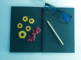 black book ,pencil,eyeglasses,in abstract design