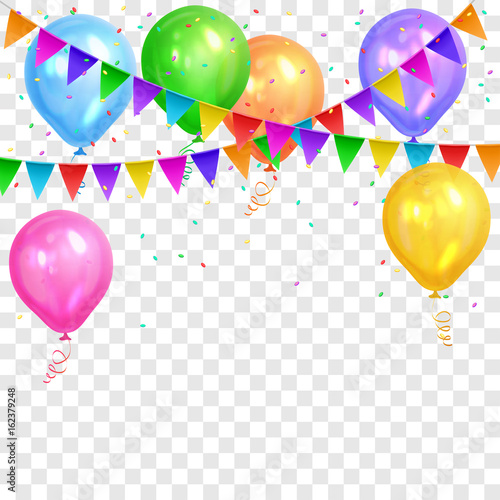 "Border of realistic colorful helium balloons and flags garlands