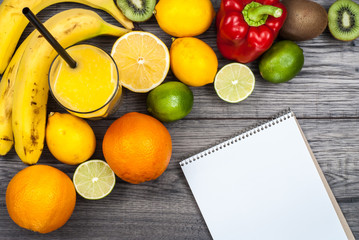 Fitness concept with fruit. Top view background concept. Fitness motivation.