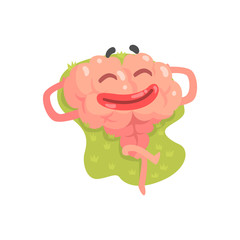 Happy humanized cartoon brain character lying and sunbathing, intellect human organ vector Illustratio