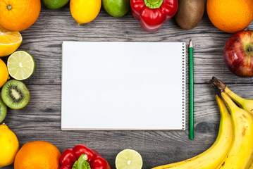 Fitness concept with fruit. Top view background concept. Fitness motivation.