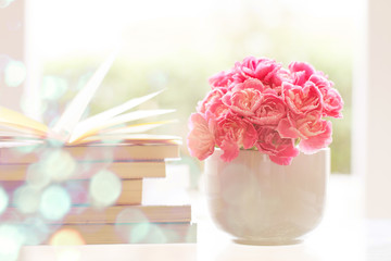 fresh pink carnation flower with books background