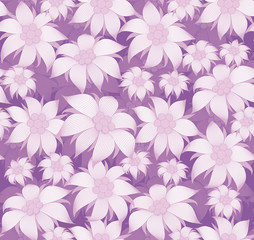Seamless floral pattern. On purple background purple flowers of edelweiss, water lily, lotus. For postcard, invitations, textiles, clothes, wrapping paper, wallpaper, interior design of room.