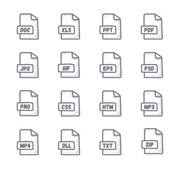 File Type Icon set. Hand drawn illustration. Line style.