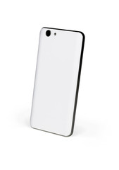 White mat mobile smart phone with dark metal frame standing on white background viewed from back side. Isolated with clipping path