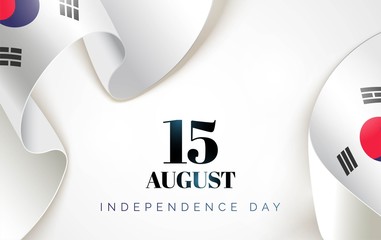 15 August. South Korea Independence Day greeting card. Waving korean flags isolated on white background. Patriotic Symbolic background  Vector illustration