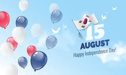 15 August. South Korea Independence Day greeting card. Celebration background with flying balloons and waving flag. Vector illustration