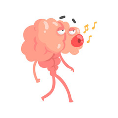 Humanized cartoon brain character walking and whistling a melody, intellect human organ vector Illustration