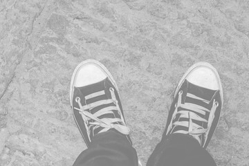 top view of the pair of the shoes with copy space on white and black tone