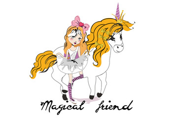 Cartoon fashion little girl with a bow and her magical friend unicorn. 
