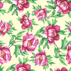 Poster Floral seamless pattern with flowering pink peonies, on  yellow background. Elegance watercolor hand drawn painting illustration. Isolated. Design for fabric, wrap paper or wallpaper. © arxichtu4ki