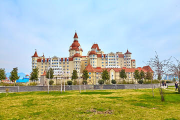 SOCHI, RUSSIA - MARCH 11, 2017: Bogatyr Hotel near the Sochi Olympic park