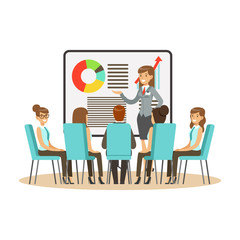 Businesswoman in suit making presentation and explaining chart on a whiteboard, business meeting in an office vector Illustration