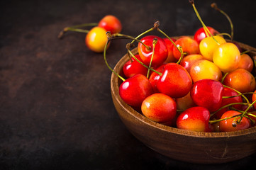 Cherry isolated on black background. Agriculture. Close-up. Top view