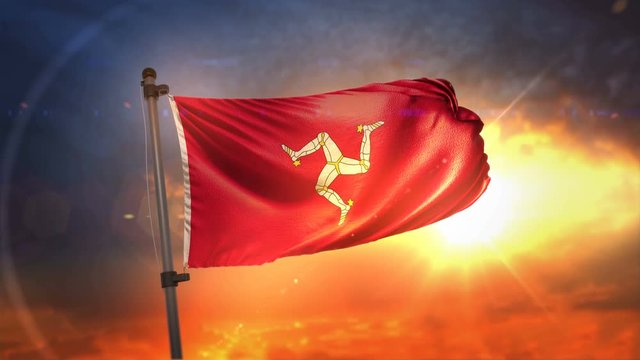 Isle of Man Flag Backlit At Beautiful Sunrise Loop Slow Motion 4K