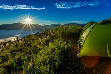 Phu Lung Ka At Sunrise, cloud in vale and tent on mountian